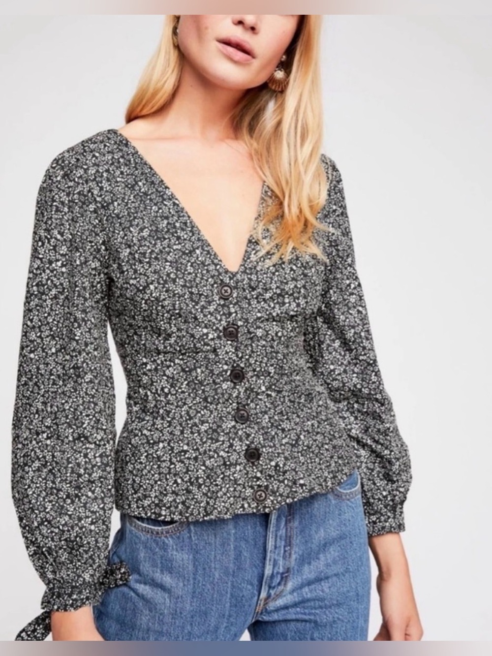 Free People Sienna Floral Button-Front Long Sleeve Top NWT $88